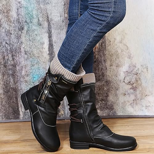 Hanne | Women's Brown Knit Cuff Ruched Side Zip Boots with Faux Leather