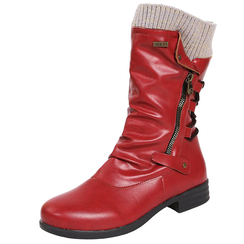 Hanne | Women's Brown Knit Cuff Ruched Side Zip Boots with Faux Leather