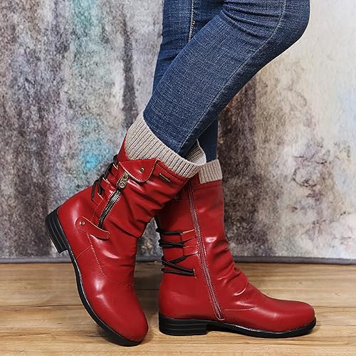 Hanne | Women's Brown Knit Cuff Ruched Side Zip Boots with Faux Leather