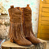 Bo | Women's Brown Fringe Studded Buckle Side Zip Ankle Boots with Block-Heel