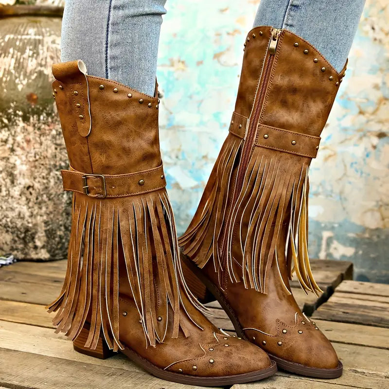 Bo | Women's Brown Fringe Studded Buckle Side Zip Ankle Boots with Block-Heel
