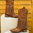 Bo | Women's Brown Fringe Studded Buckle Side Zip Ankle Boots with Block-Heel