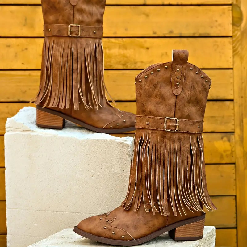 Bo | Women's Brown Fringe Studded Buckle Side Zip Ankle Boots with Block-Heel