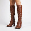 Elise | Women's Brown Knee High Chunky Block Heel Round Toe Boots with
