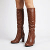 Elise | Women's Brown Knee High Chunky Block Heel Round Toe Boots with