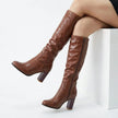Elise | Women's Brown Knee High Chunky Block Heel Round Toe Boots with