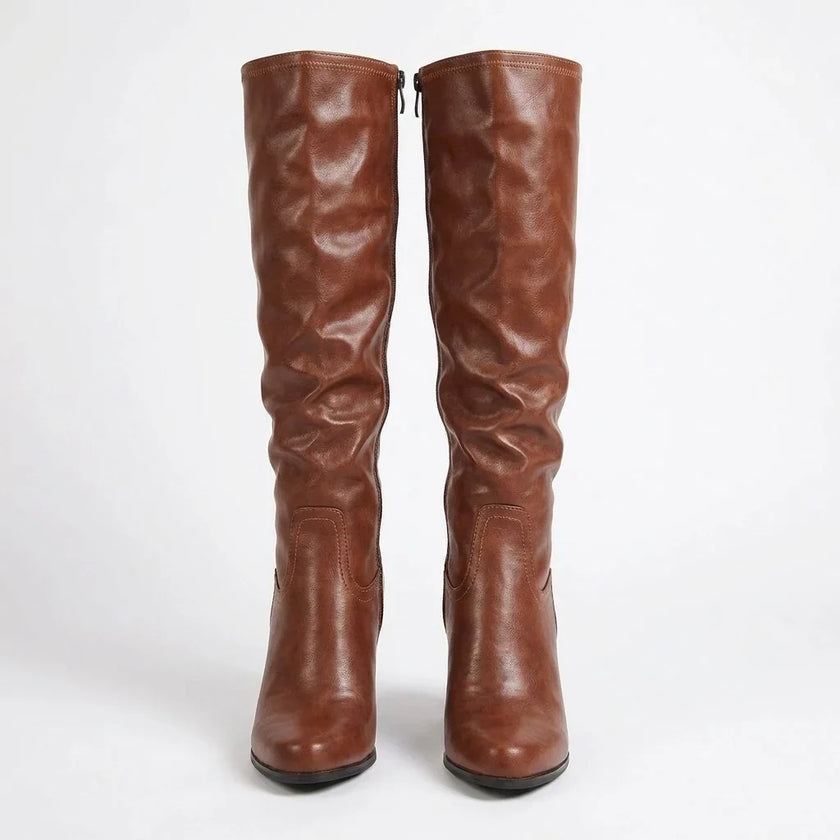 Elise | Women's Brown Knee High Chunky Block Heel Round Toe Boots with