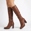 Elise | Women's Brown Knee High Chunky Block Heel Round Toe Boots with