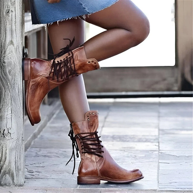 Femke | Women's Brown Lace Up Studded Ankle Boots with Leather Comfortable