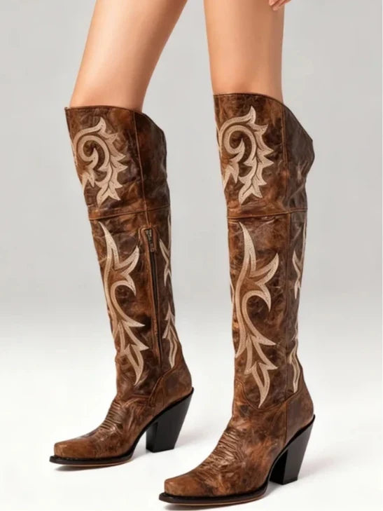 Marit | Women's Brown Western Knee High Block Heel Embroidery Boots with Pointed-Toe