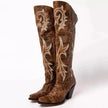 Marit | Women's Brown Western Knee High Block Heel Embroidery Boots with Pointed-Toe