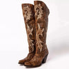 Marit | Women's Brown Western Knee High Block Heel Embroidery Boots with Pointed-Toe