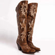 Marit | Women's Brown Western Knee High Block Heel Embroidery Boots with Pointed-Toe