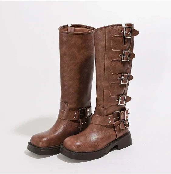 Noor | Women's Brown Leather Knee High Buckle Strap Block Heel Boots with