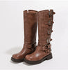 Noor | Women's Brown Leather Knee High Buckle Strap Block Heel Boots with