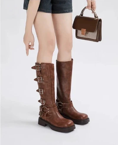 Noor | Women's Brown Leather Knee High Buckle Strap Block Heel Boots with