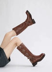 Noor | Women's Brown Leather Knee High Buckle Strap Block Heel Boots with