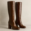 Sofie | Women's Brown Leather Knee High Stacked Block Heel Side Zip Boots