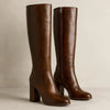Sofie | Women's Brown Leather Knee High Stacked Block Heel Side Zip Boots