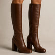 Sofie | Women's Brown Leather Knee High Stacked Block Heel Side Zip Boots