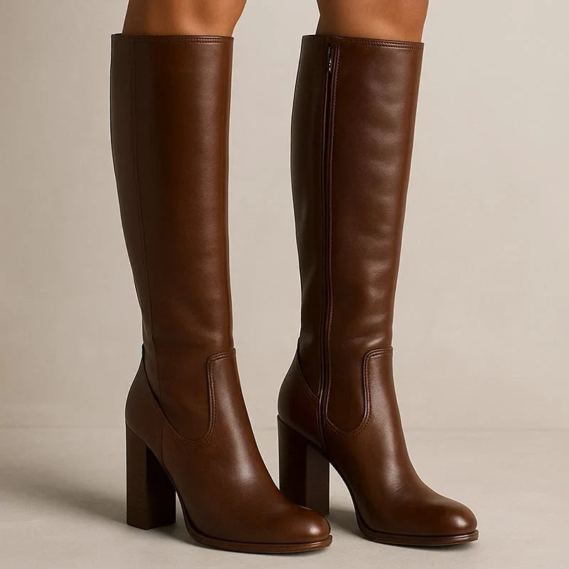 Sofie | Women's Brown Leather Knee High Stacked Block Heel Side Zip Boots