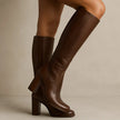 Sofie | Women's Brown Leather Knee High Stacked Block Heel Side Zip Boots