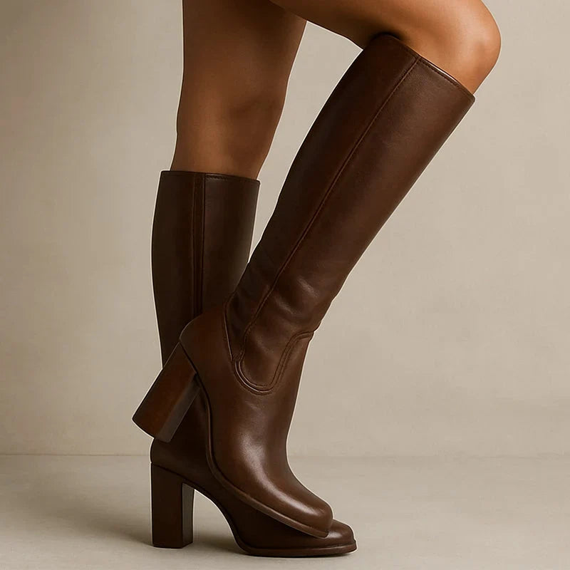 Sofie | Women's Brown Leather Knee High Stacked Block Heel Side Zip Boots