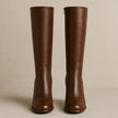Sofie | Women's Brown Leather Knee High Stacked Block Heel Side Zip Boots
