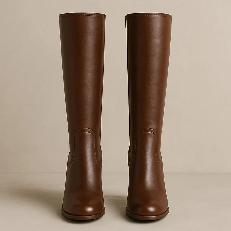 Sofie | Women's Brown Leather Knee High Stacked Block Heel Side Zip Boots