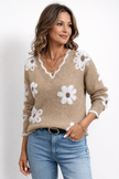 Floral Knit Sweater Women V-Neck Relaxed Fit Long Sleeve