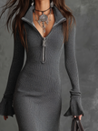 FJØRNA women's knit midi dress featuring long sleeves, fitted waist, and ribbed texture in a stylish, comfortable design
