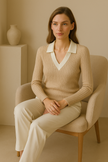 Rib Knit Polo Sweater Women Slim Fit Wool Lapel Collar