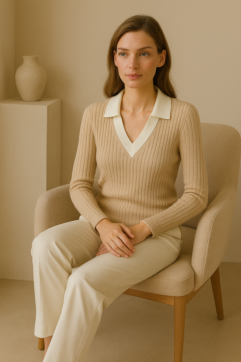 Rib Knit Polo Sweater Women Slim Fit Wool Lapel Collar