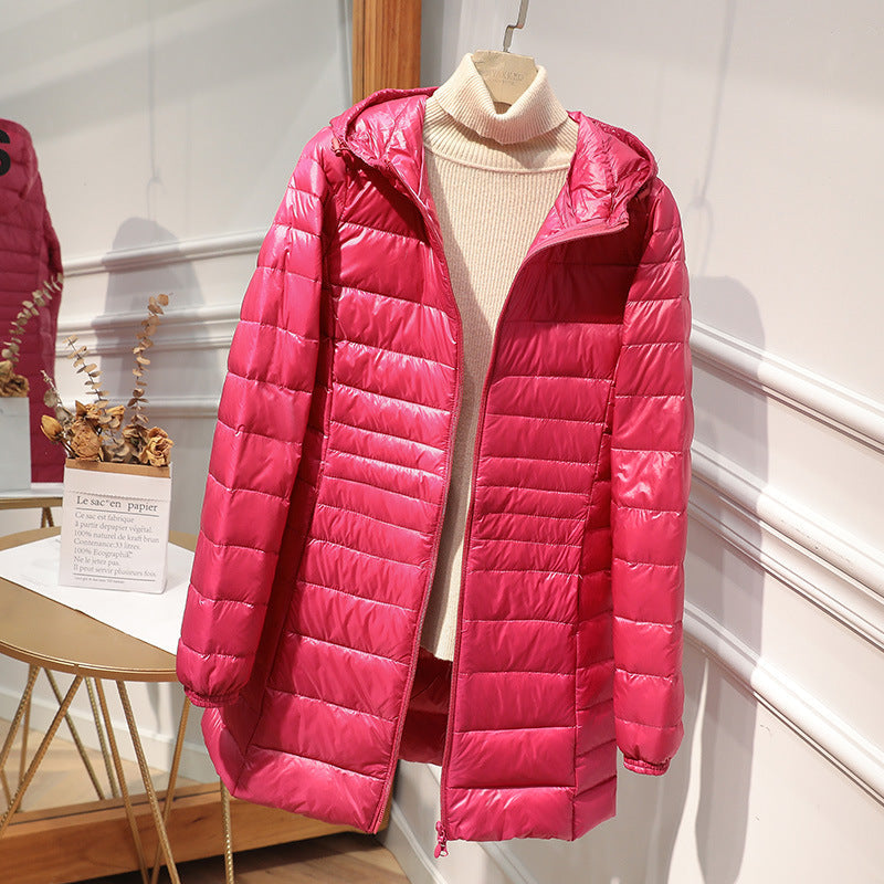 Quilted Jacket Women Hooded Zip Front Lightweight Mid-Length