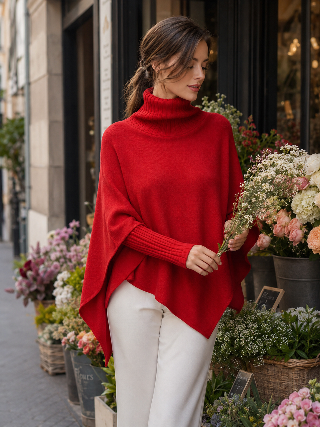 Red Asymmetric Poncho Sweater with Ribbed Turtleneck and Fitted Sleeves for Women