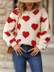 Heart Print Fleece Sweater Women Crew Neck Relaxed Fit