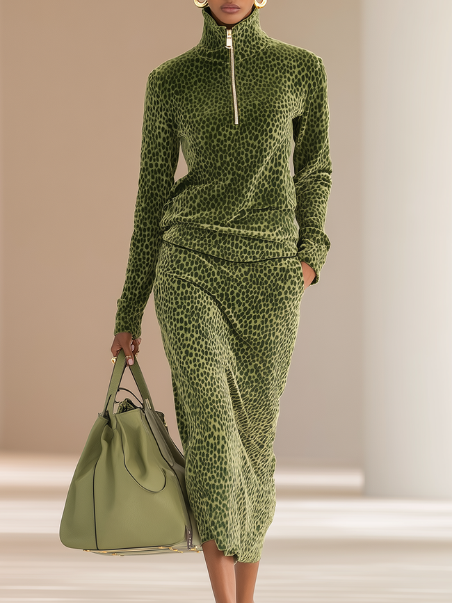 FJØRNA women's green leopard print velvet top and skirt set, featuring stylish matching pants and bold animal print design.