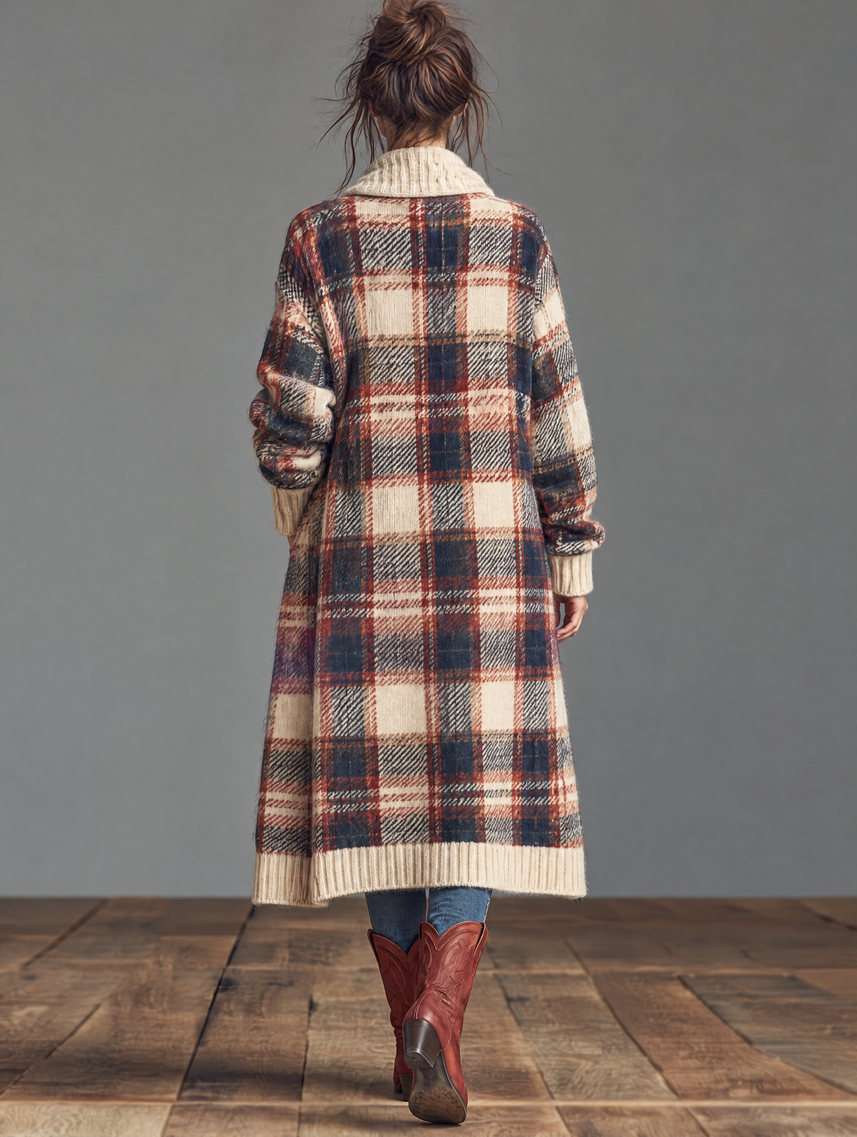 Plaid Jacquard Knit Cardigan with Shawl Collar and Toggle Fastenings for Women