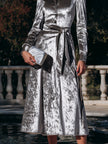 FJØRNA button-front belted midi coat dress for women, stylish and warm with a classic design, shown on a model.