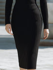 Black ribbed knit contrast-lapel midi dress by FJØRNA, featuring a fitted silhouette and stylish design for summer business wear.