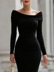 Black FJØRNA off-the-shoulder long-sleeve sheath dress, elegant cocktail dress with fitted silhouette and stylish design.