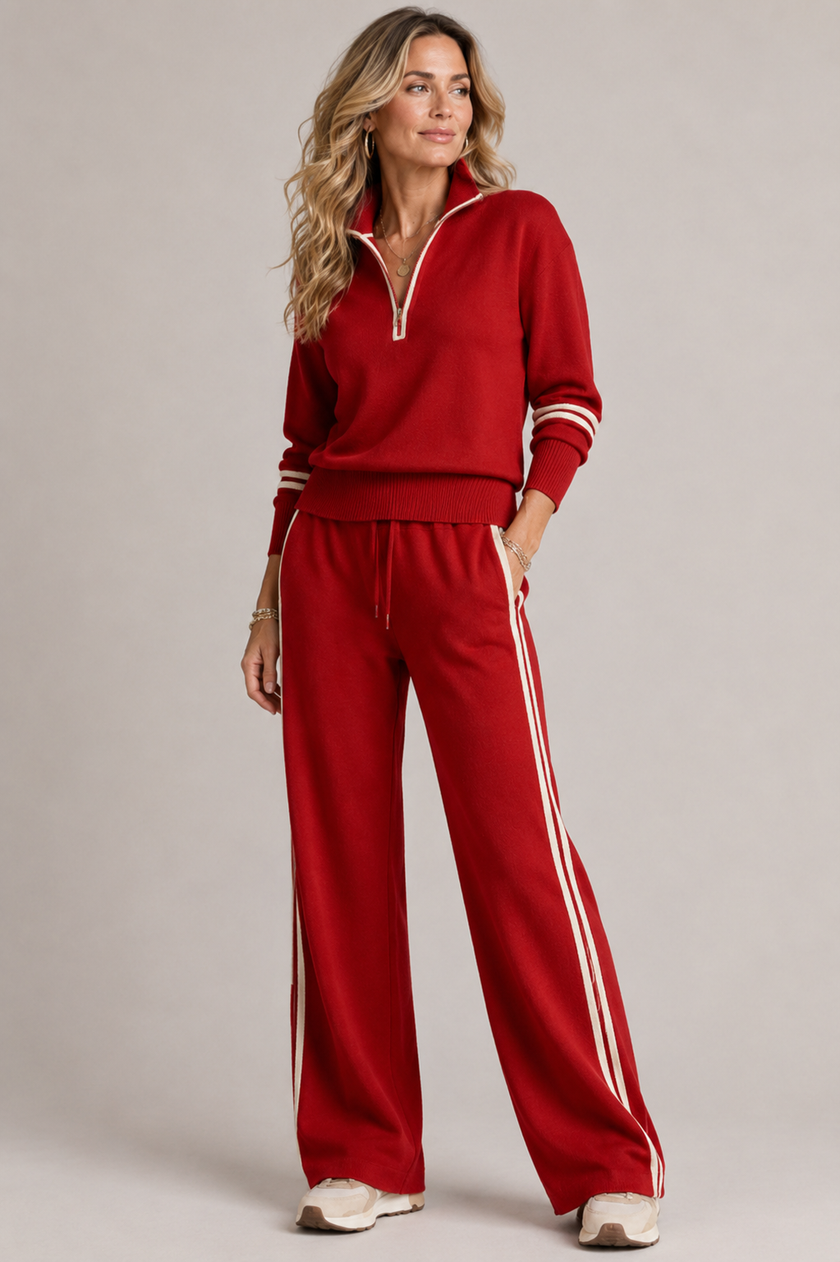 Two-Piece Set Women Half Zip Sweater Wide Leg Stand Collar