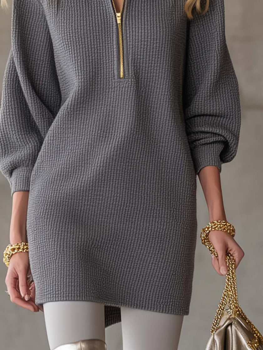 Grey waffle mini dress from FJØRNA featuring a casual, relaxed fit with short sleeves and a textured fabric.