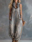 FJØRNA women's apricot leopard print hooded chiffon jumpsuit with pants, stylish and lightweight for casual wear.