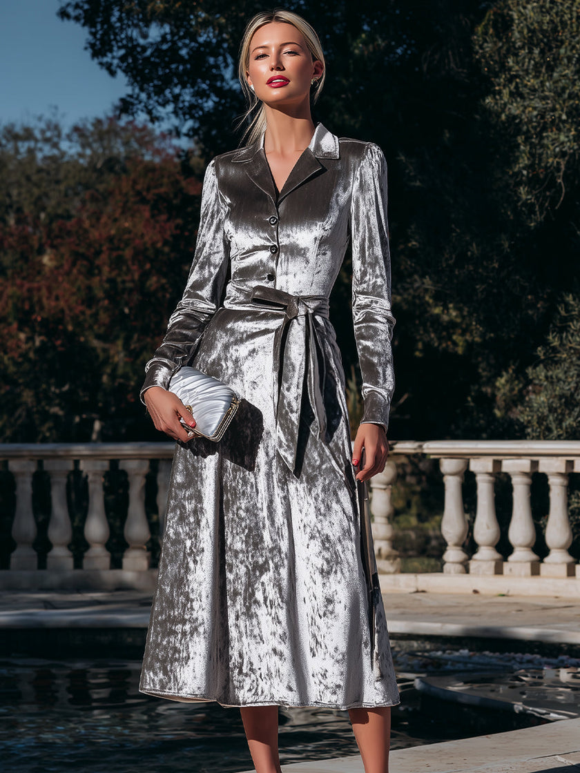 FJØRNA button-front belted midi coat dress for women, shown in a stylish, mid-length design with front buttons and a waist belt.
