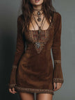 Brown suede embroidered boho mini dress by FJØRNA featuring leather dress look and intricate embroidery details.