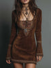 Brown suede embroidered boho mini dress by FJØRNA featuring leather dress look and intricate embroidery details.