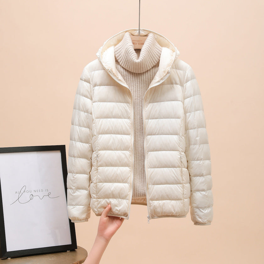 Quilted Jacket Women Hooded Zip Front Slim Cropped