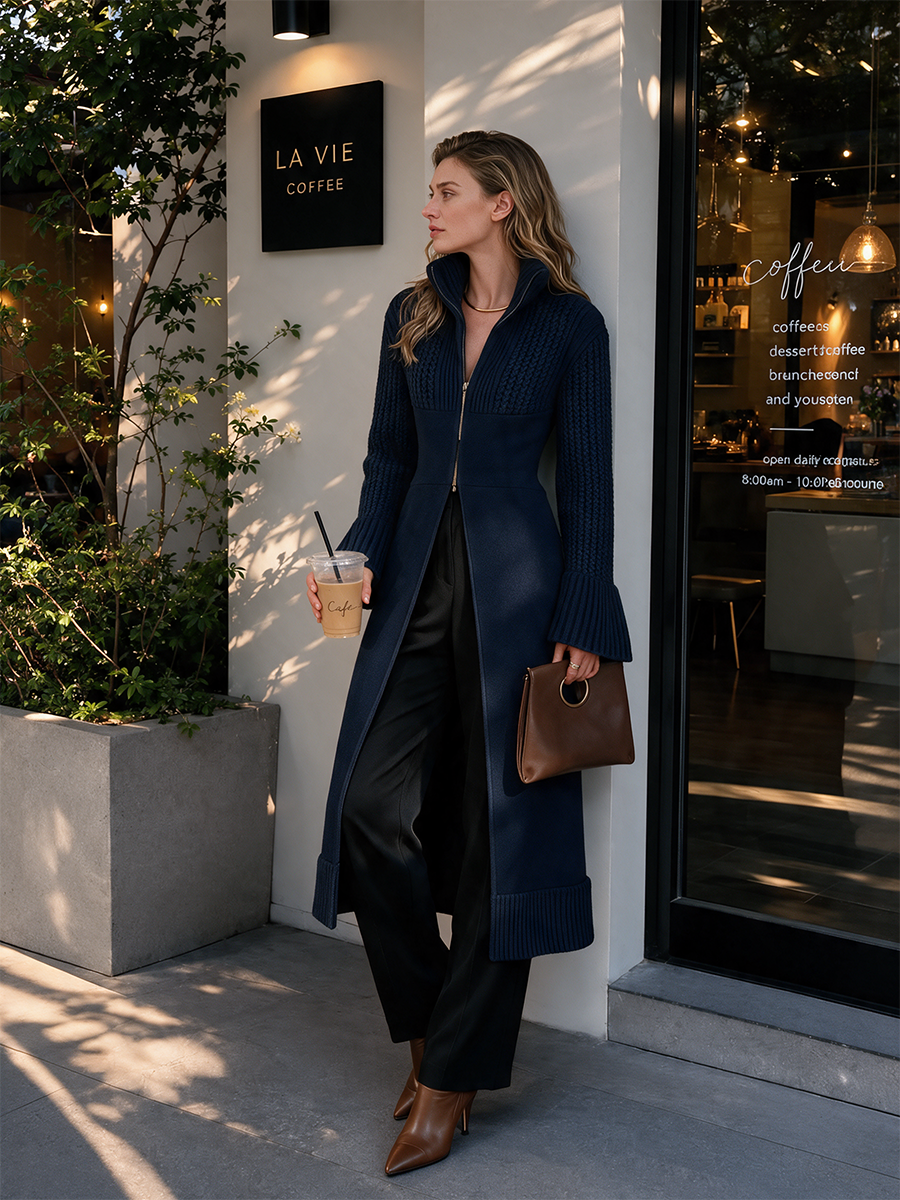 Cable Wool-Knit Longline Cardigan with Stand Collar, Zip and Bell Sleeves for Women