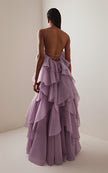 FJØRNA halter neck layered ruffle maxi dress for wedding guests, featuring a flowy silhouette and elegant design.